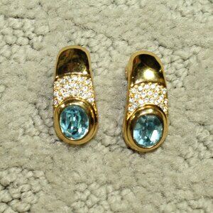 Christian Dior BLUE Rhinestone Clear Stones Gold Tone Clip On Earrings Signed